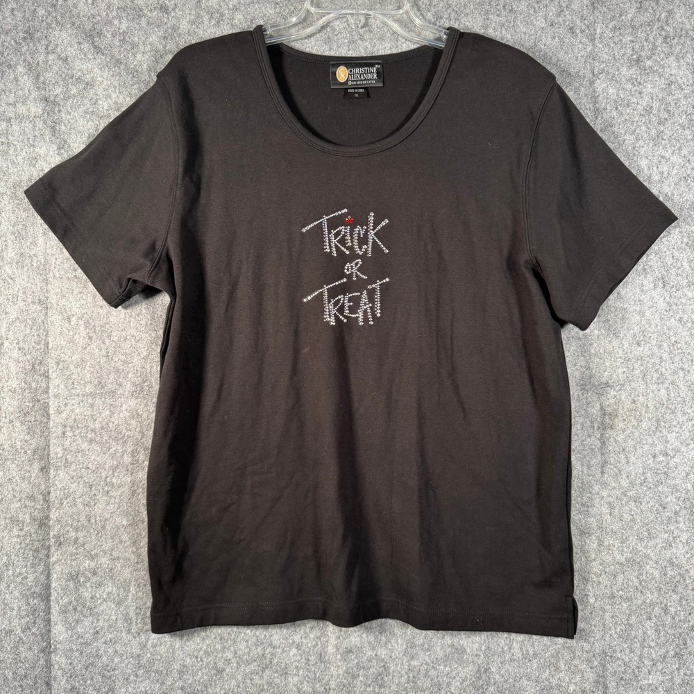 Christine Alexander Trick or Treat Halloween T-Shirt Womens 1X Black Rhinestone‎